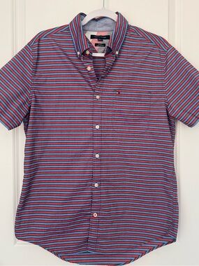 Tommy Hilfiger Men’s Slim Fit Short-Sleeve Stripe Button-Down Shirt Blue/Red Med